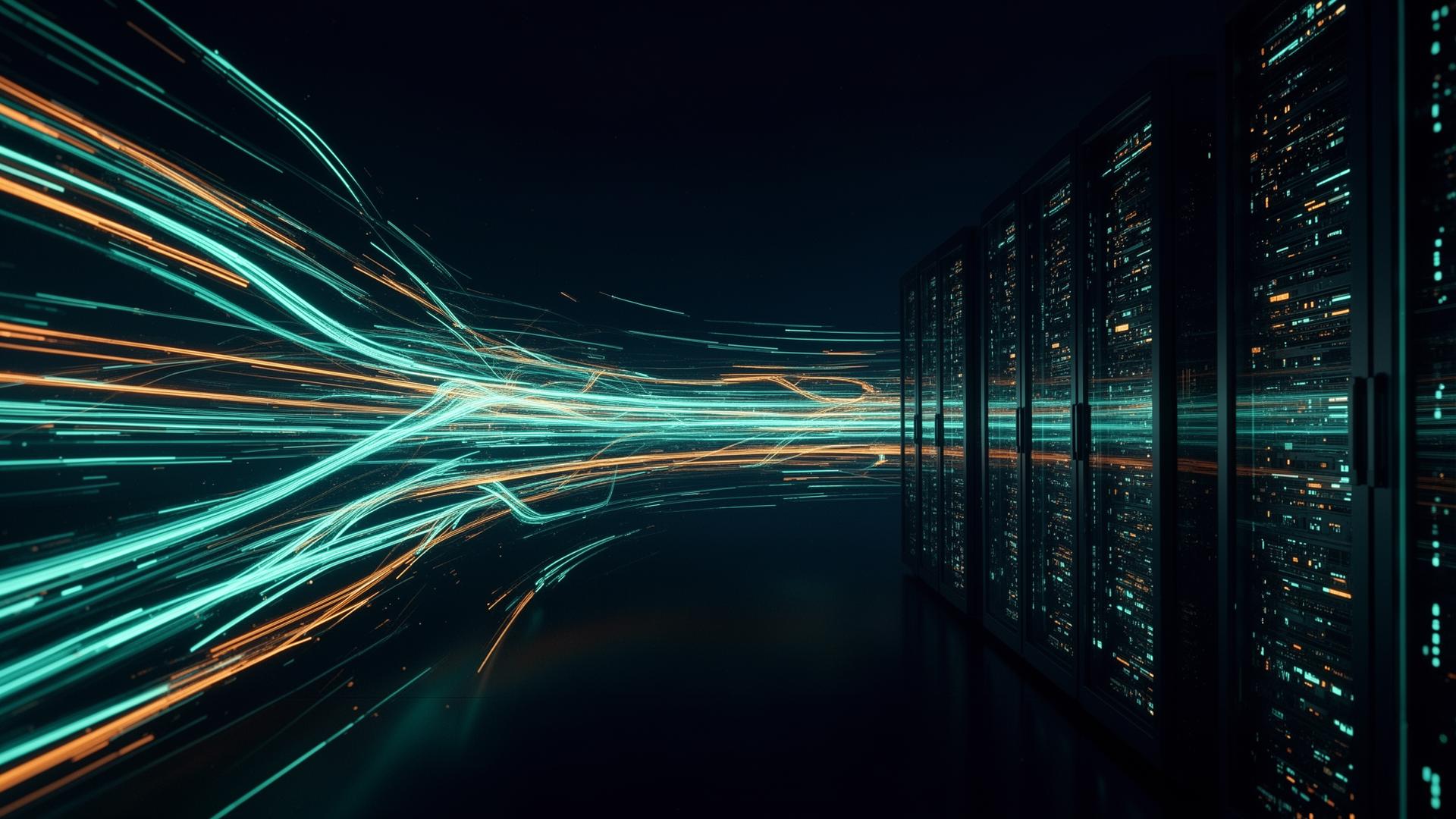 Server room with data light streams
